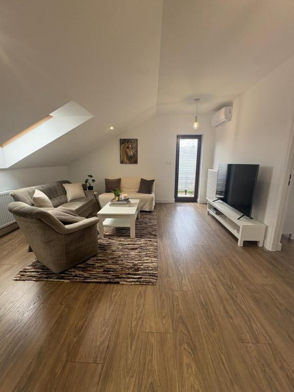 a living room with a couch and a tv at Apartament Spokojny in Łańcut