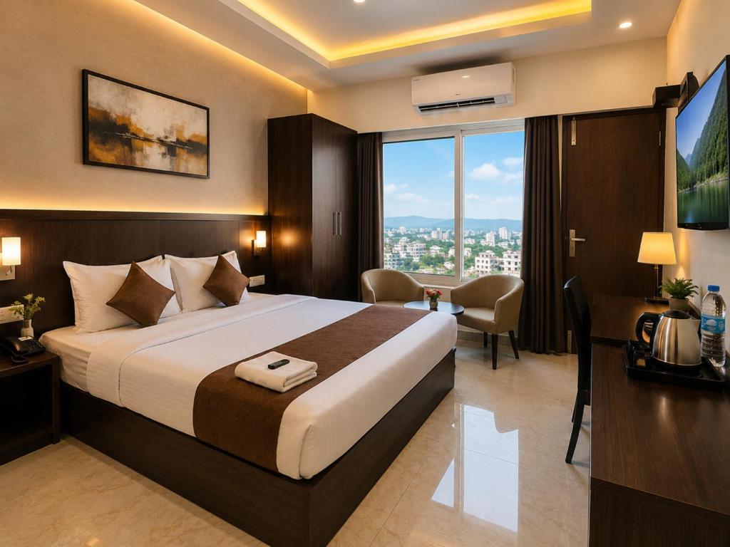 a hotel room with a bed and a desk and a window at Hotel The Grand Villa by Signature Stayz Near International Airport in New Delhi