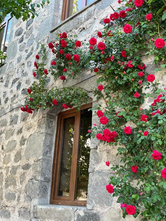 a window with red roses on the side of a stone building at Narek Home Goris in Harzhis