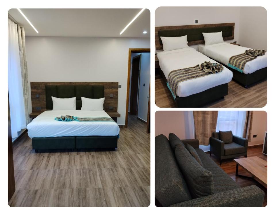 three pictures of a hotel room with two beds and a couch at The Last Village Lodge in Athi River