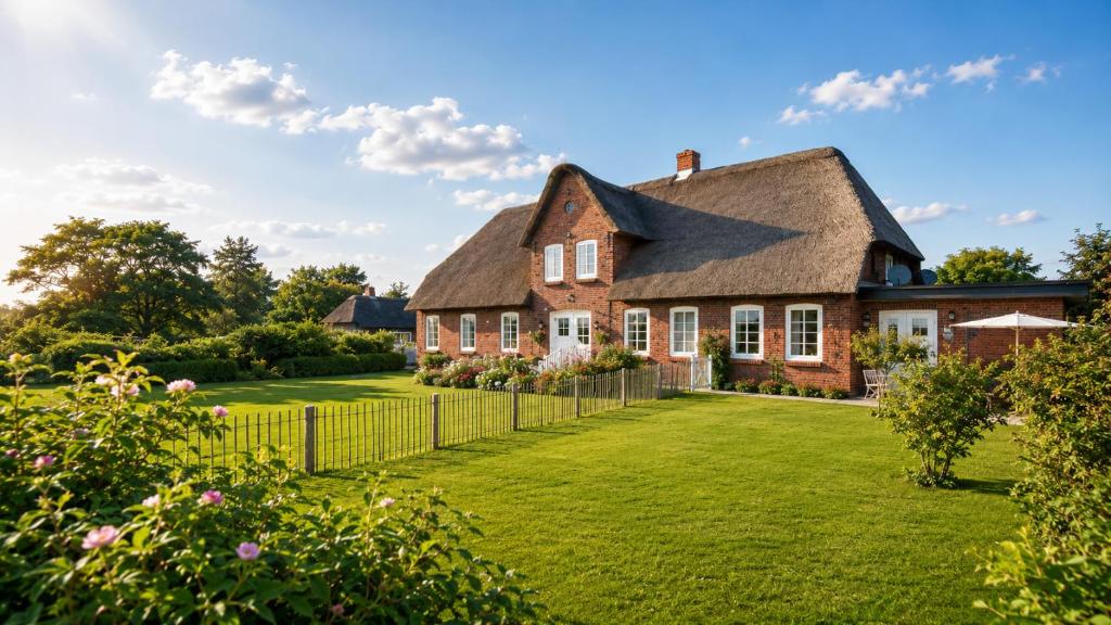 an old brick house with a grass yard at Ferienhof Schnurrum in Emmelsbüll-Horsbüll