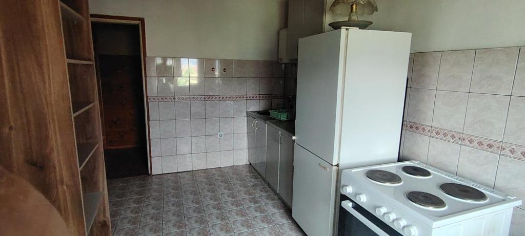 a kitchen with a white refrigerator and a stove at stan in Podgorica