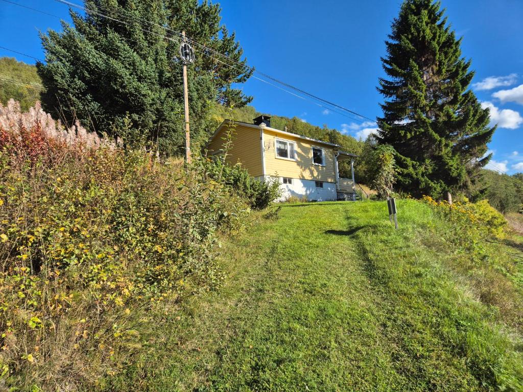 a house on the side of a grassy hill at Sjarmerende 50-tallshus med utsikt og ro in Olderdalen