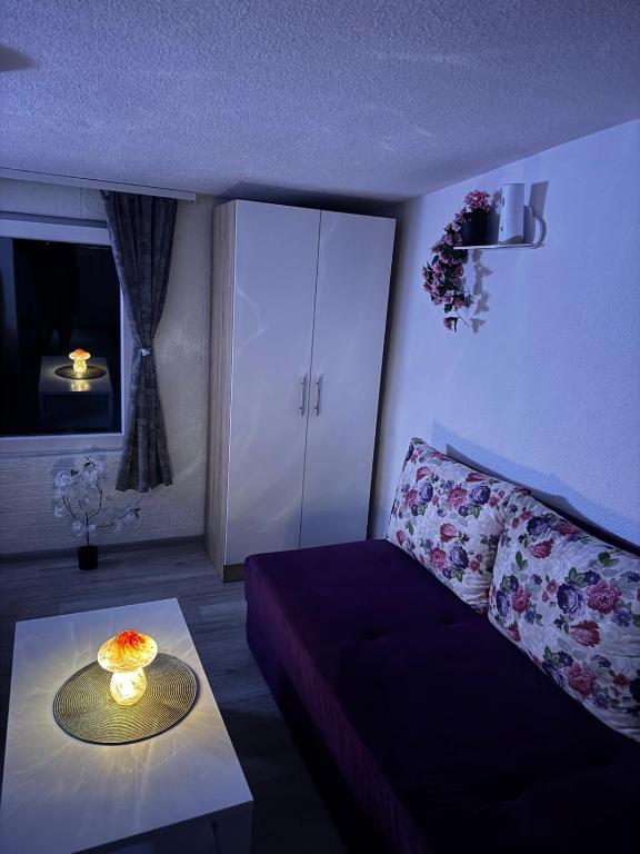 a living room with a couch and a table at Georgeous lux apartment # purple in Foča