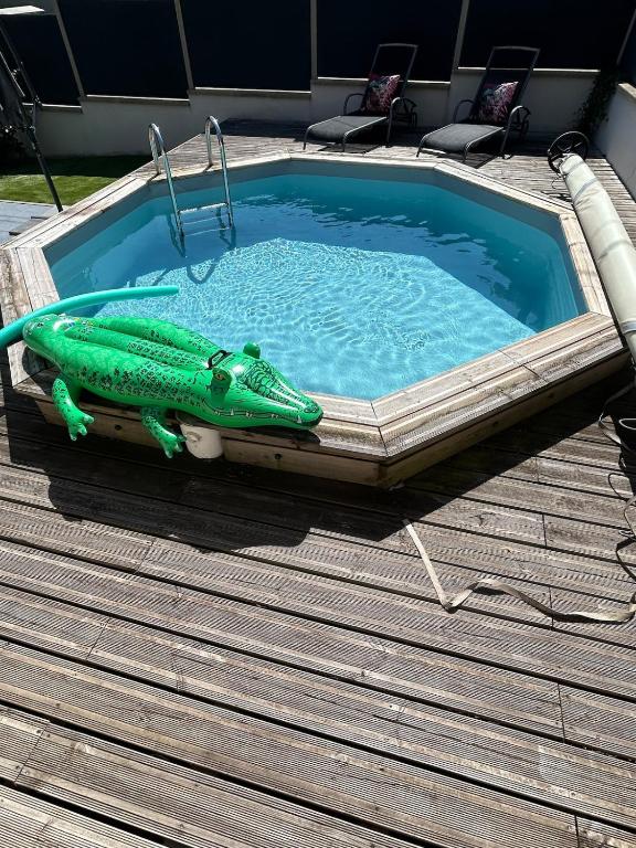 a toy fish is sitting next to a swimming pool at La Parenthèse Gîte in Créhange