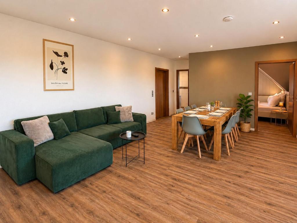 a living room with a green couch and a table at PrimeLoft Apartments am Kurpark in Braunlage