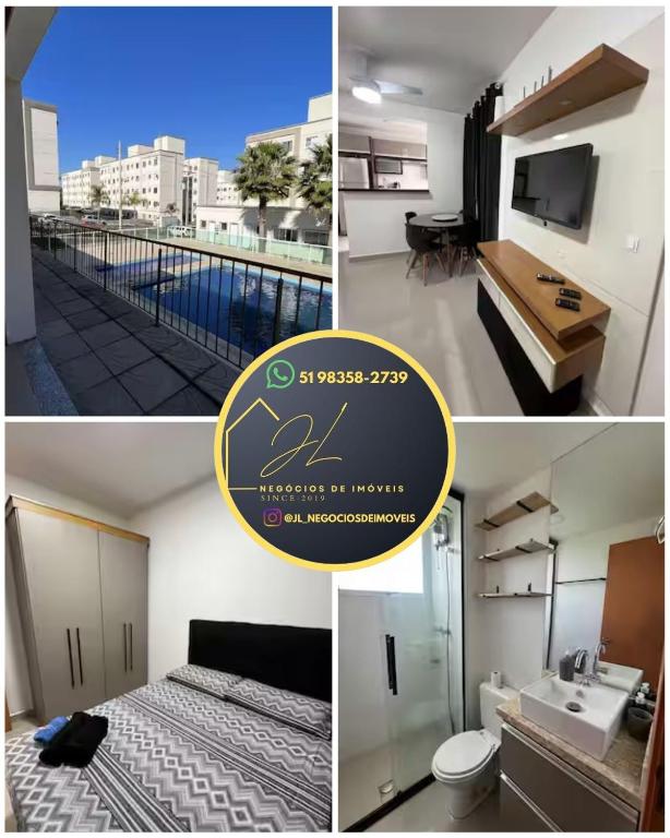 a collage of pictures of a room with a bed and a bathroom at 05-Conforto e Modernidade com piscina e garagem in São Leopoldo