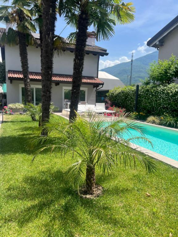 a palm tree in front of a house and a swimming pool at VILLA LIDO - Lake Como in Colico