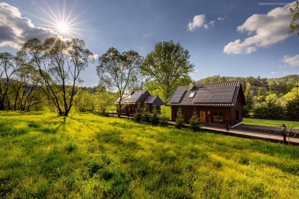 a house in the middle of a green field at Chaty Rysia i Misia - całoroczne domy na wynajem in Wetlina