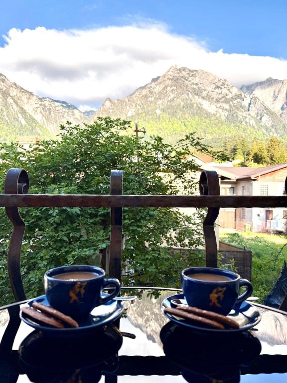 two coffee cups on a balcony with mountains in the background at Mountain View House Busteni in Buşteni