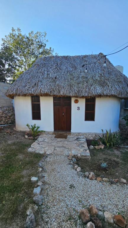 a small white building with a thatch roof at Cabañas Los Gallitos Ecolodge 3 in Sacalum