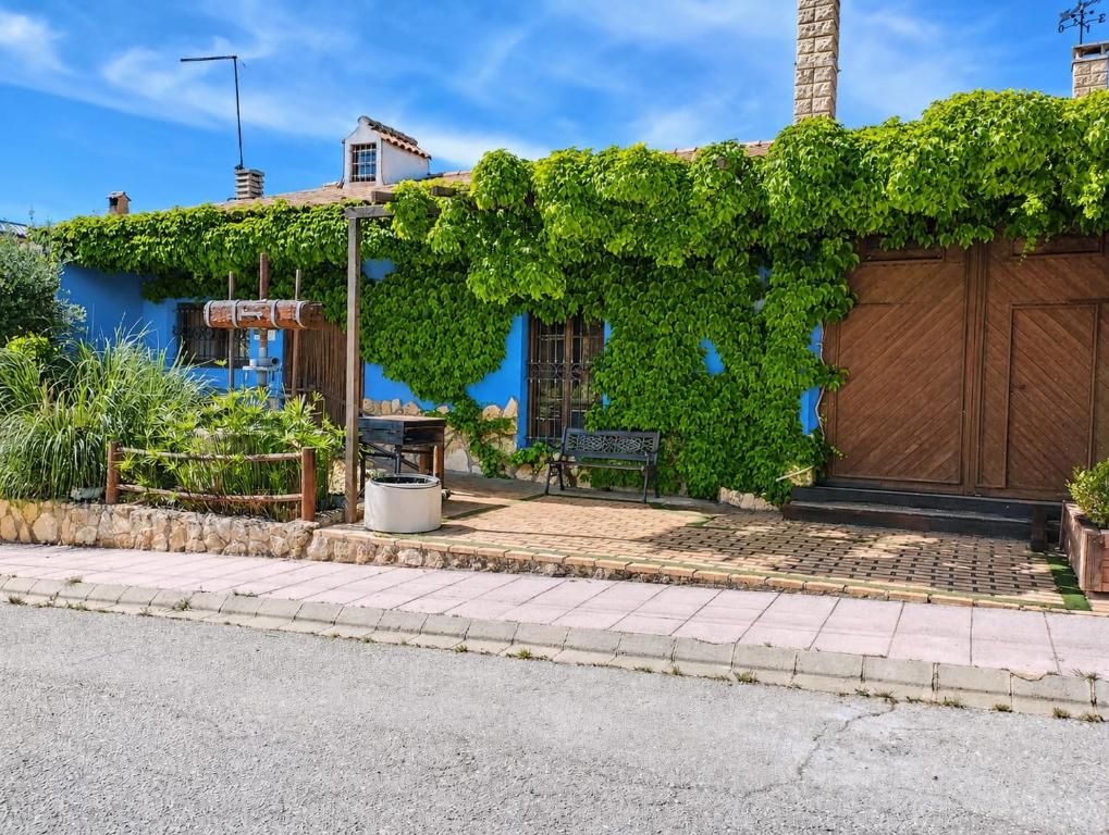 a blue house with ivy growing on it at El Quinto Pino Riópar in Riópar