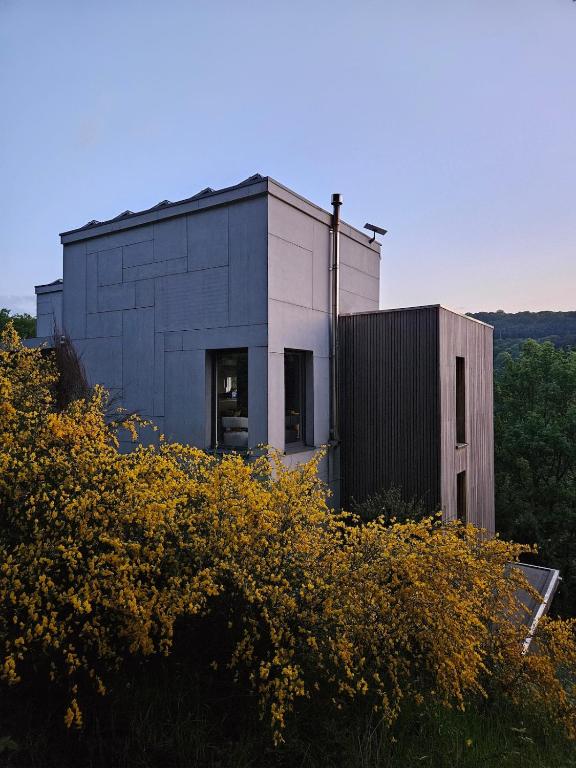 a building sitting on top of a hill with bushes at Modern Spacious Forest Home in Aywaille