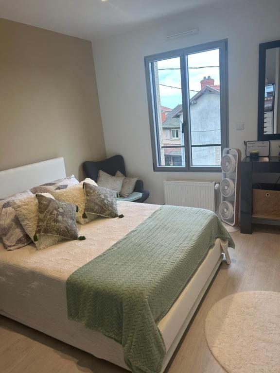 a bedroom with a large bed and a window at Chez TIKA in Saint-Lager