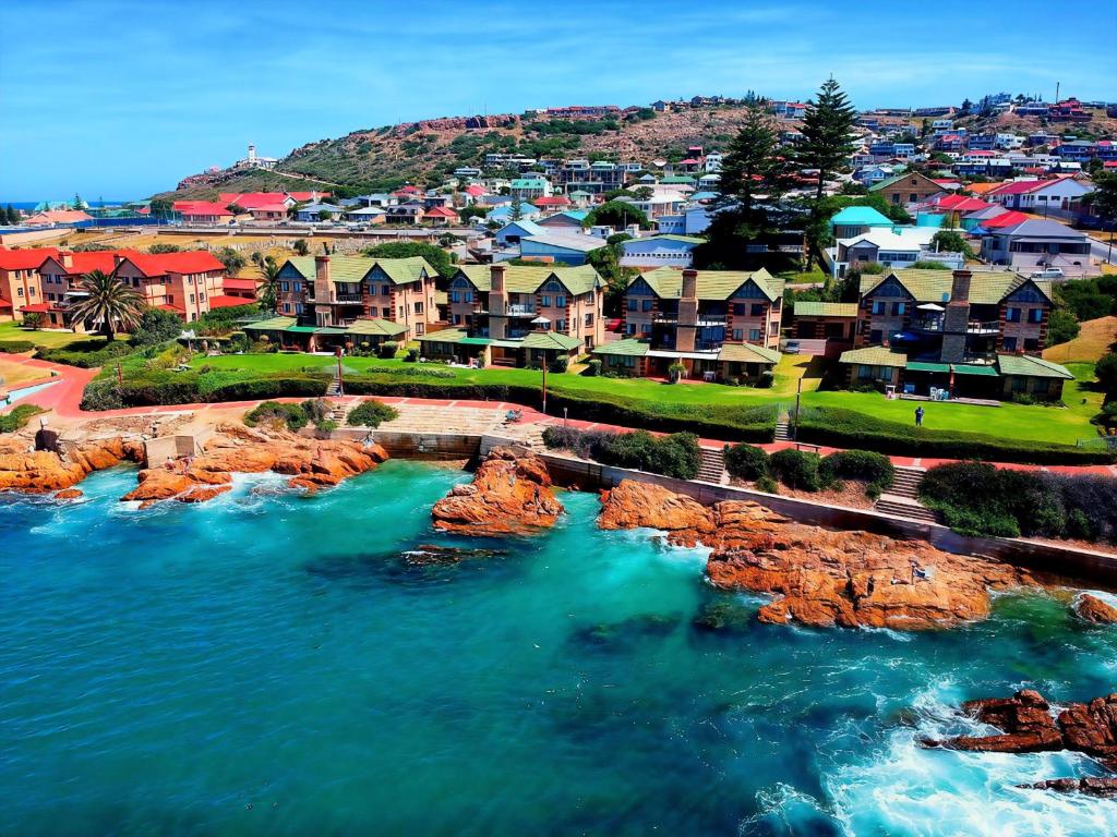 an aerial view of a town next to a river at Beacon Wharf , George Hay 5 Seafront Accommodation in Mossel Bay