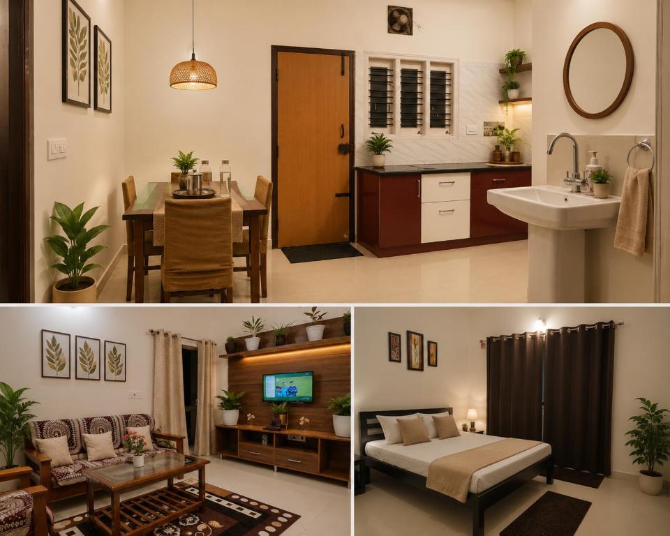 two pictures of a kitchen and a living room at Neartown Homestay in Kushālnagar