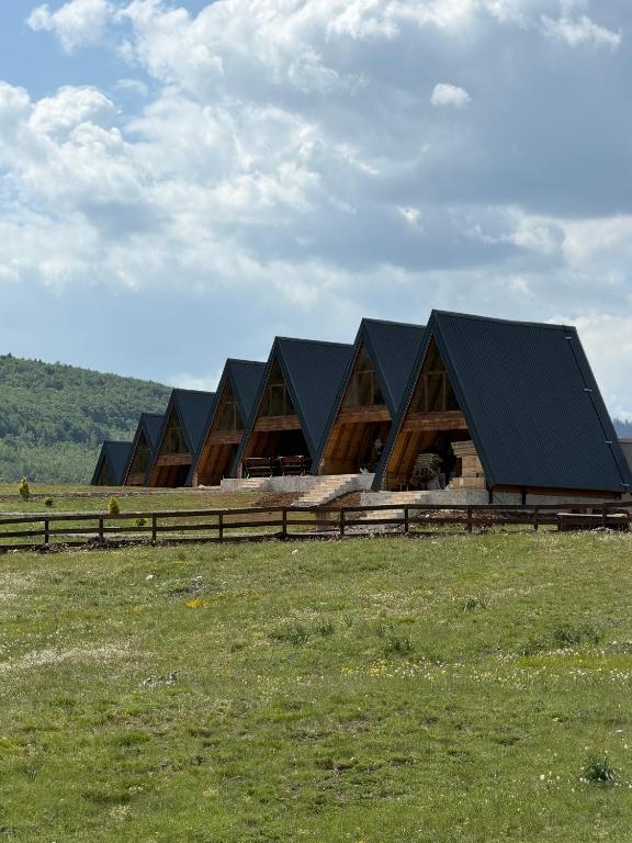 a barn with a black roof in a field at Etno Selo Dolina Pive in Plužine