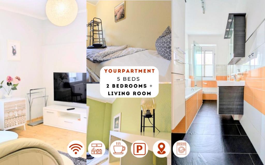 a small apartment with a bed and a living room at Geräumiges & helles Apartment nahe Leipzig in Böhlen
