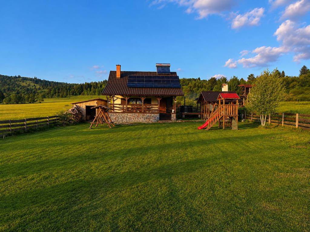 a house in a field with a playground in front of it at K&N vendégház in VoÅŸlobeni