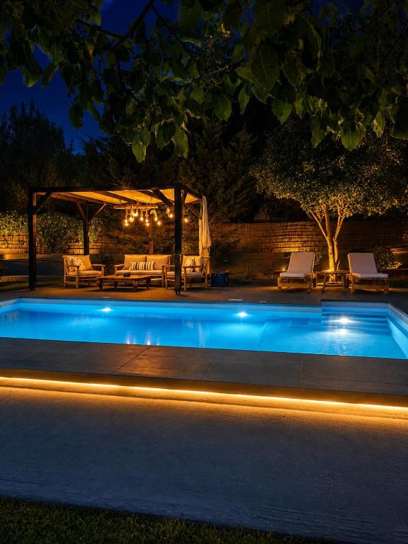a swimming pool at night with a gazebo at Penelope Dream Pool Villa in Minia