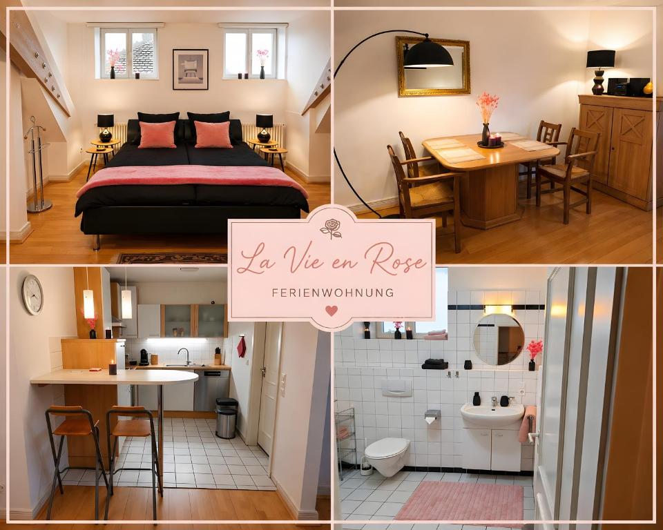 a collage of pictures of a bedroom and a bathroom at Rosarote Insel - La Vie en Rose in Lindau
