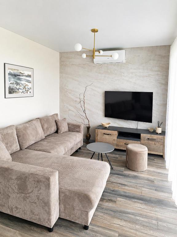 a living room with a couch and a flat screen tv at Kregždžių apartamentai in Šventoji