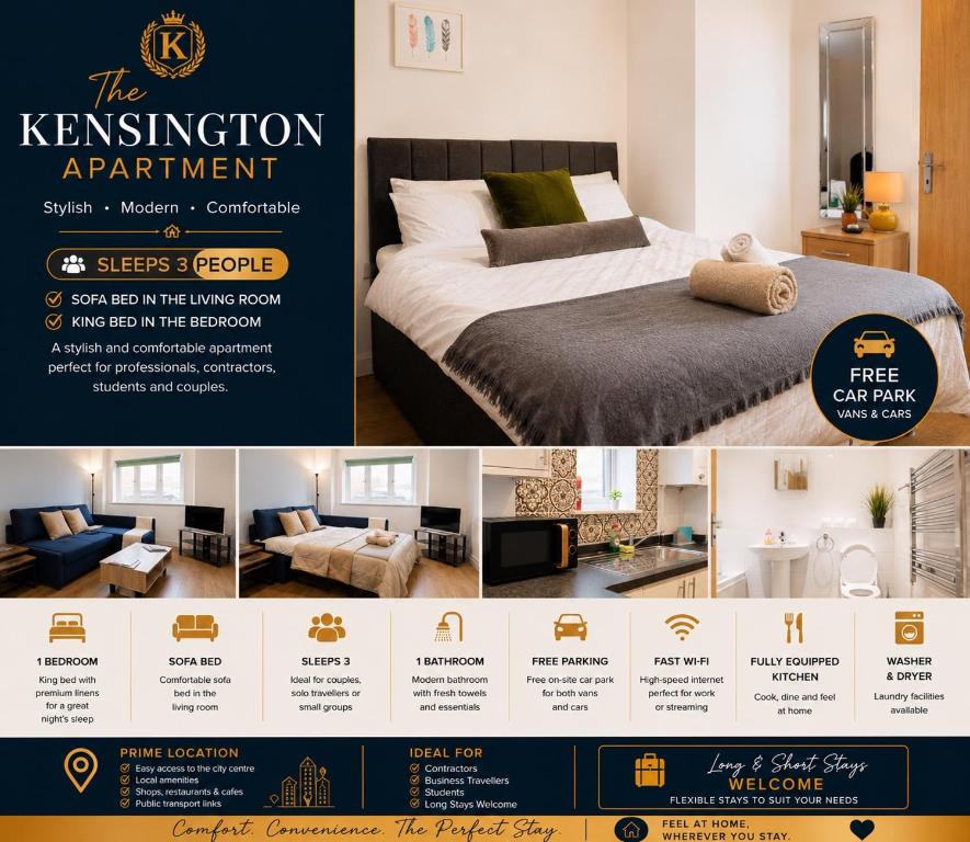 a flyer for the kensington apartment with a bedroom at The Kensington Apartment, FREE CarPark, Ideal Location for exploring Oxford City & nearby places, easy access to ring road MINI PLANT, Universities & Oxford Science Parks in Oxford