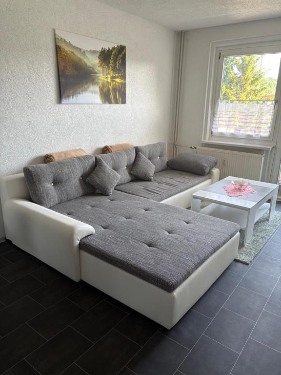 a living room with a couch and a table at Kleine Südharz Auszeit in Heringen