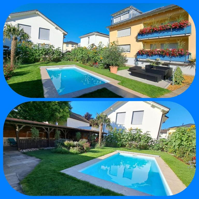 two pictures of a house and a swimming pool at Ferienwohnung Roller in Endingen