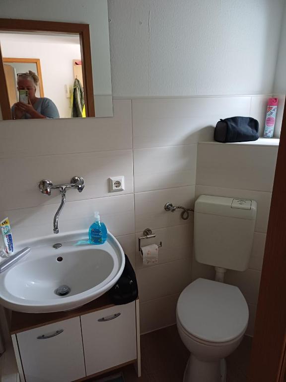 a bathroom with a sink and a toilet and a mirror at Ferienwohnung Wusterwitz in Wusterwitz