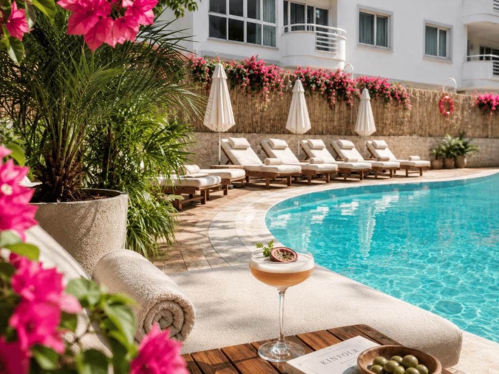 a resort pool with chairs and a table and pink flowers at Bella Rose Apart Hotel, Alanya in Alanya