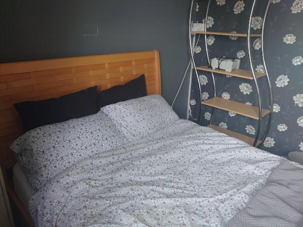 a bedroom with a bed with a blue and white blanket at Shephall Zoo in Shephall