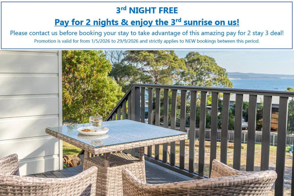 a flyer for nights enjoy the sunrise on the balcony at Bay View Escape in Binalong Bay