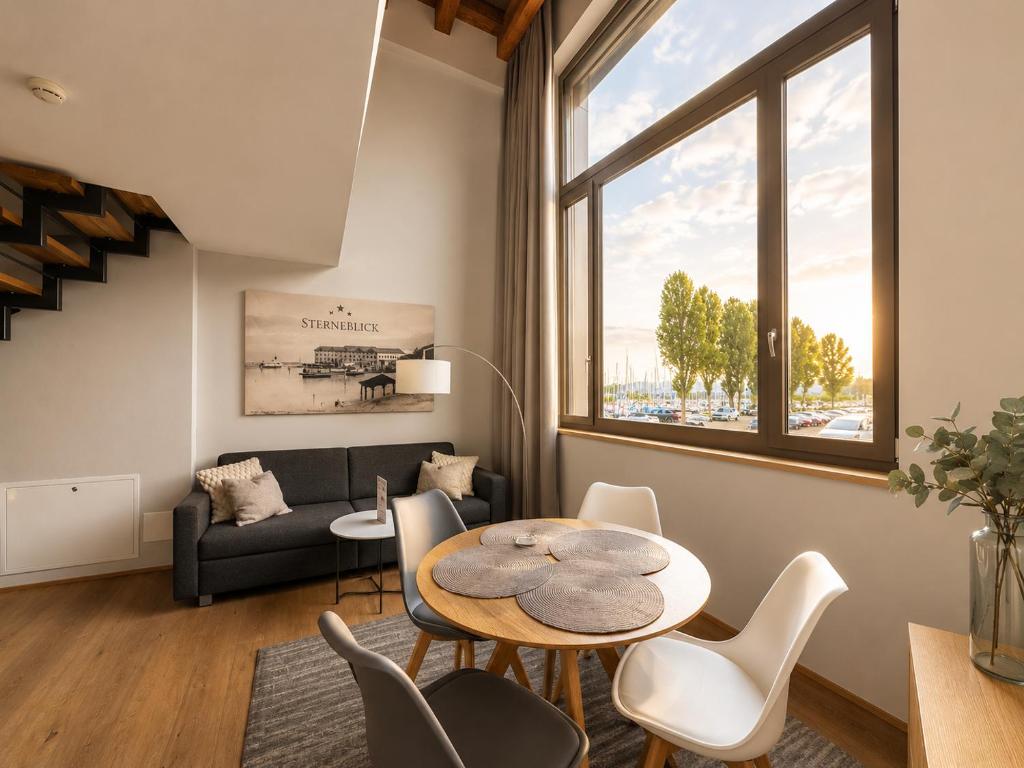 a living room with a table and chairs at LAKE-SIDE Fernblick in Romanshorn