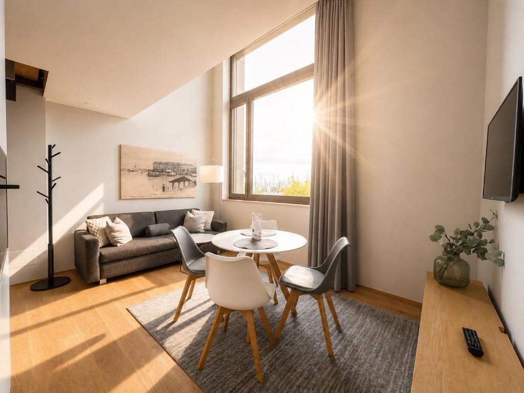 a living room with a table and chairs and a couch at LAKE-LOFT APARTMENT's direkt im Hafen in Romanshorn