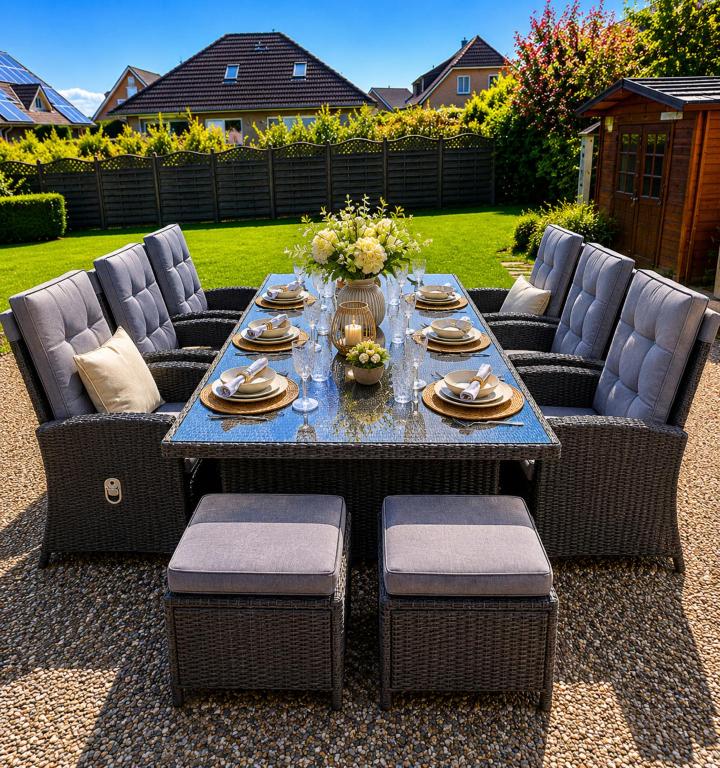 a table and chairs with plates and dishes on it at Ankerplatz - gemütliches Ferienhaus mit Garten und Terrasse für die große Familie in Grömitz