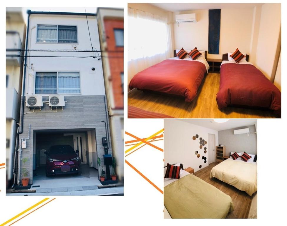 a collage of pictures of a room with a bed and a fireplace at Nagoya Minpaku, KANAYAMA BASE in Mutsunochō
