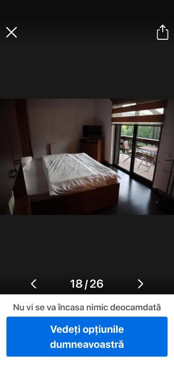 a picture of a bedroom with a bed and a window at cosy forest chalet in Râşnov