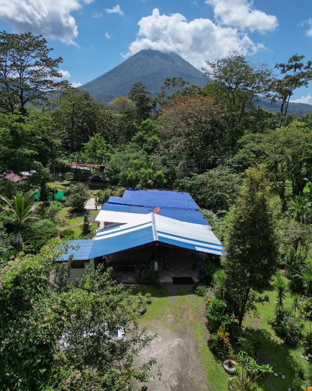 an overhead view of a tent with a mountain in the background at Kibutz Eco Guesthouse in Fortuna