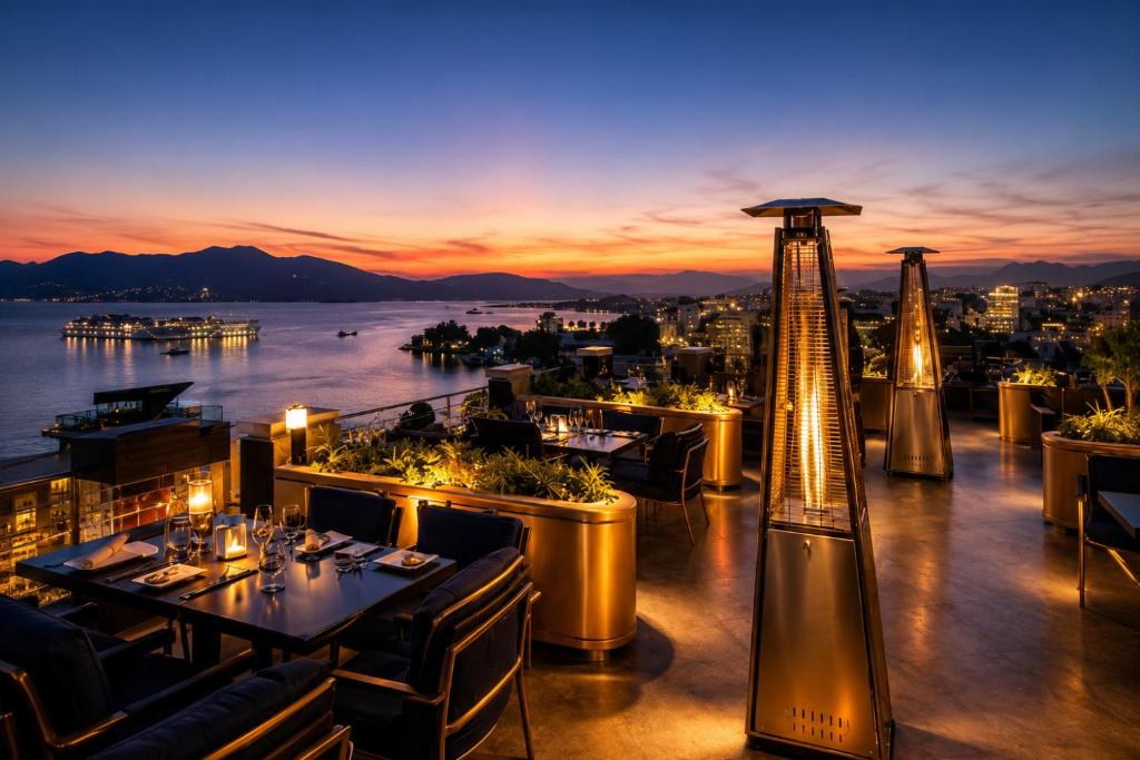 a restaurant with tables and a view of the water at My Downtown - The Red Pier in Udaipur