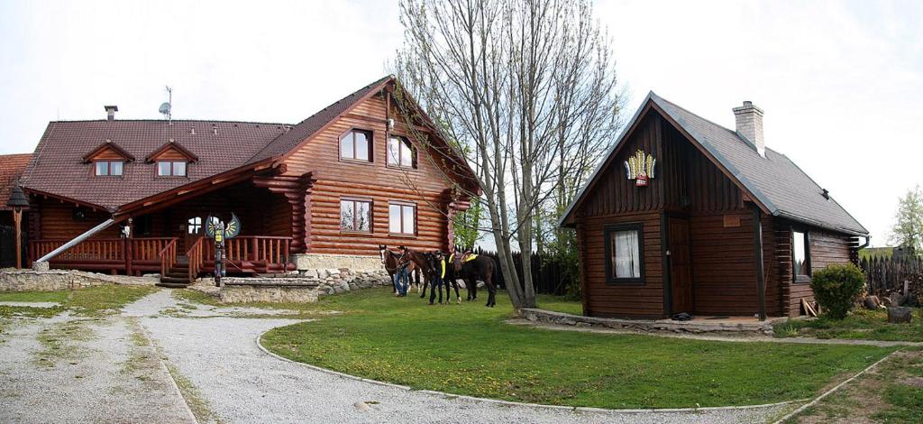 ein Holzhaus mit Pferden, die davor stehen in der Unterkunft Zrub Benango in Mengusovce