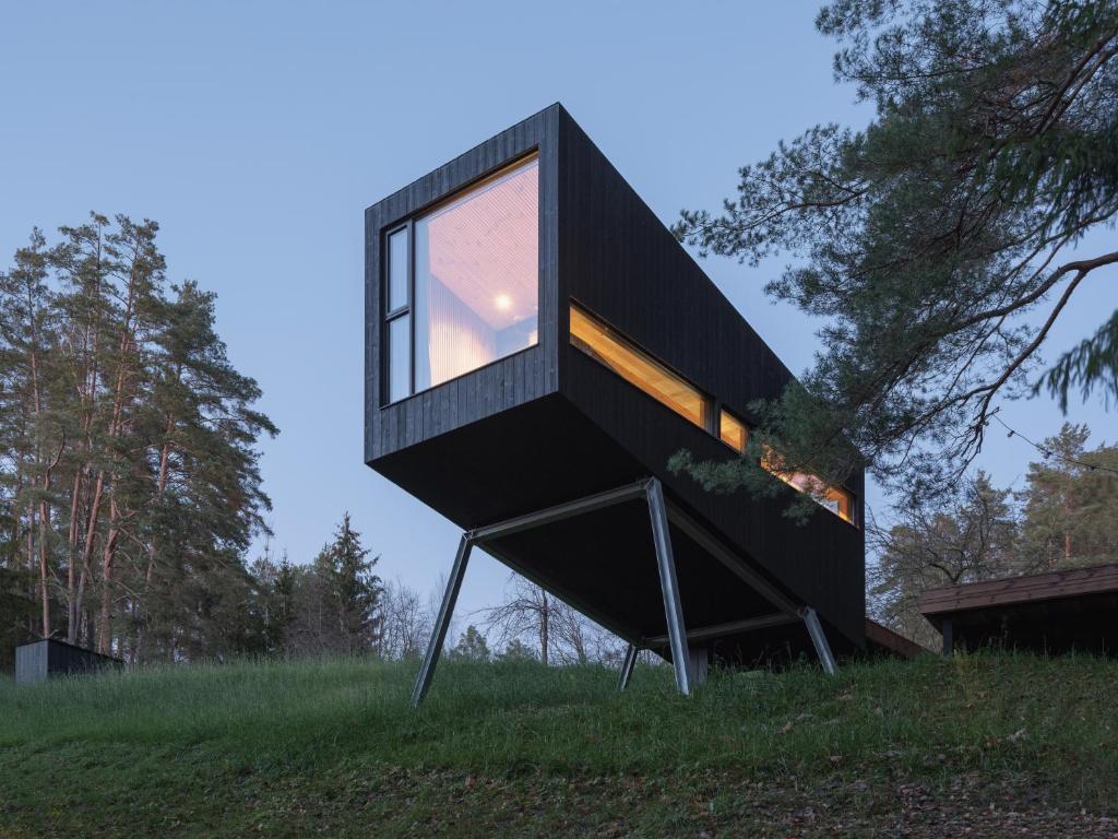 a black house on top of a grassy hill at Blackview cabin in Kulautuva