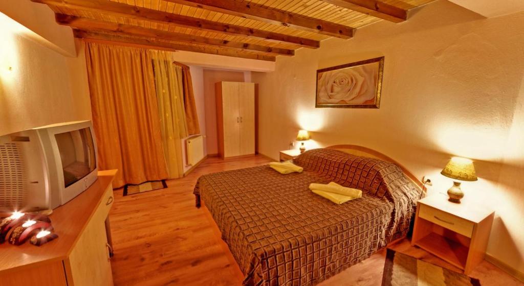 a bedroom with a bed and a television in it at Matsurev Han in Bansko