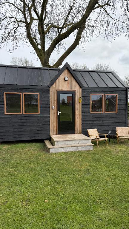 a black house with a bench and a tree at Tinyhouse Giethoorn in Giethoorn