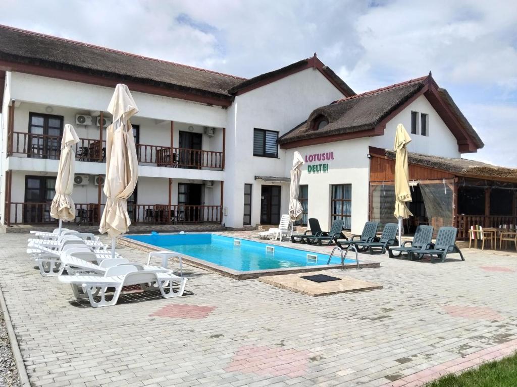 a resort with a pool and chairs and a building at Lotusul Deltei in Murighiol