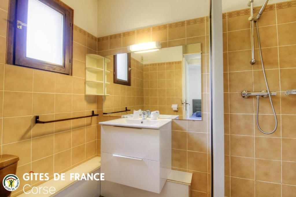 a bathroom with a sink and a shower at Chez zelia et jacques in Pianottoli-Caldarello