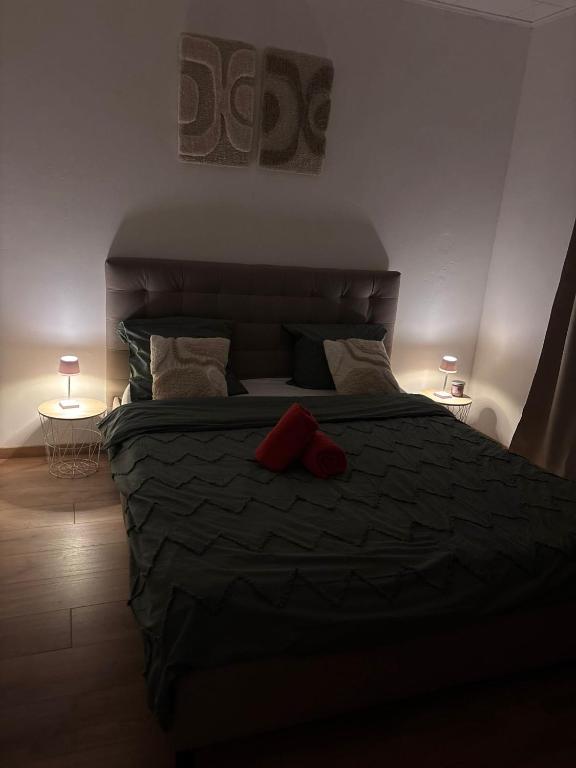 a bedroom with a bed with a red pillow on it at Le Petit Refuge de Malmedy in Malmedy