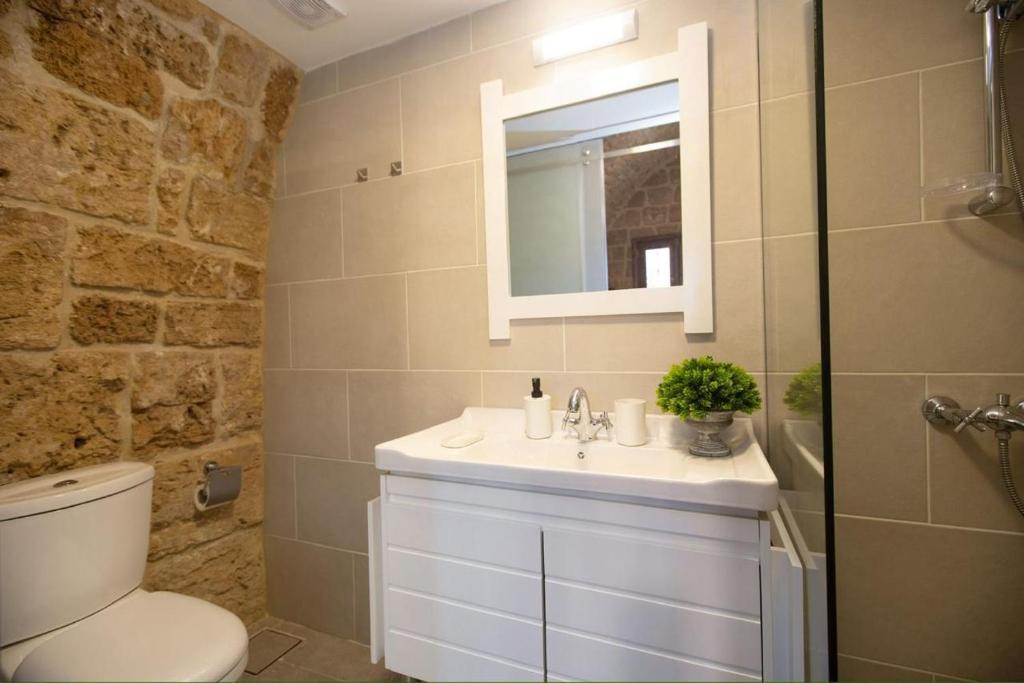 a bathroom with a toilet and a sink and a mirror at Casa Gia By The Sea G1 & G2 in Batroûn