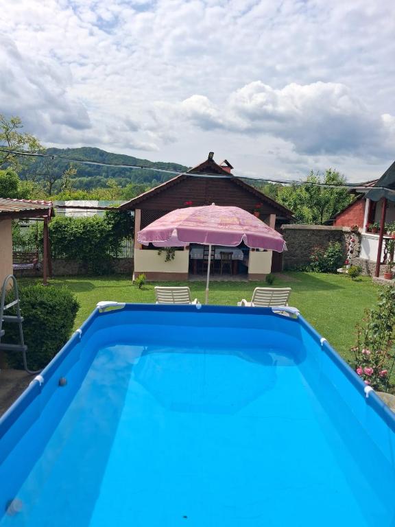 Ein Swimmingpool vor einem Haus mit einem rosa Sonnenschirm in der Unterkunft Casa Putna in Vidra