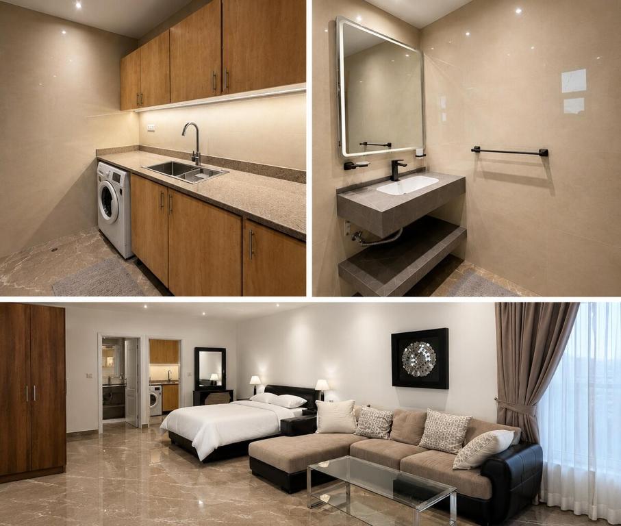 two pictures of a bathroom with a bed and a room at La Plage Bungalow in Dubai